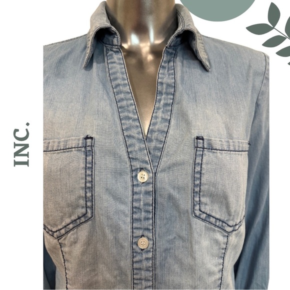 🛍️3/$40 INC Chambray Denim Button-Down Shirt Long Sleeve Lace Up Detail – Size 4 - Picture 5 of 7